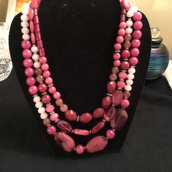 Blush and Pinks 3 Strand Necklace with Silvertone Hardware - Picture 1 of 7
